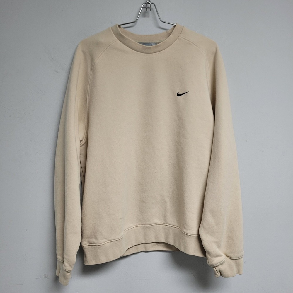 Y2K Vintage Nike Swoosh Crewneck Boxy Sweatshirt Large Beige Black Pullover Mens